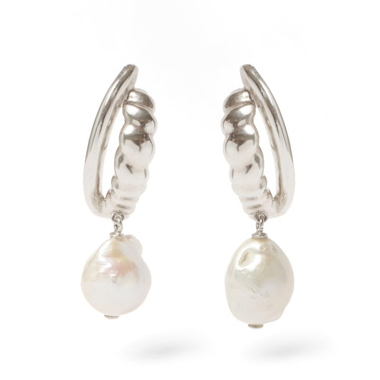 ETES03. HALF MOON EARRINGS WITH PEARL - SILVER